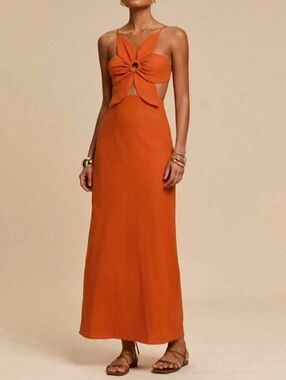 Sleeveless Orange Midi Dress with Front Knot Detail